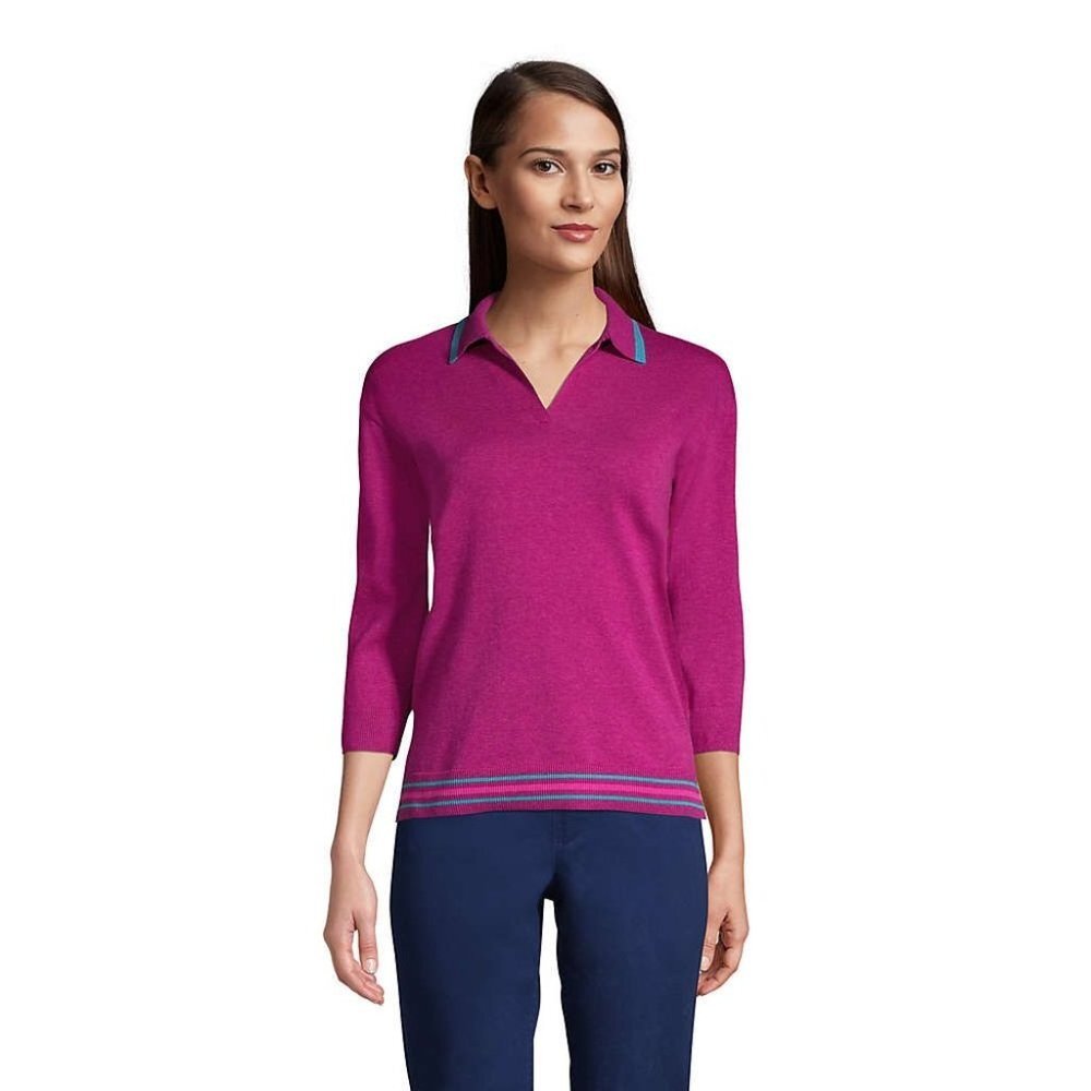 NEW Lands’ End Sweater Women Sz 1X Magenta Striped Ribbed Knit‎ 3/4 Sleeve Polo